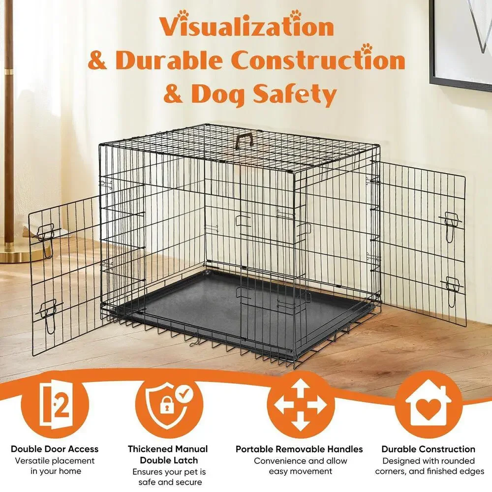 Double Door Folding Metal Wire Dog Cage with Plastic Leak-Proof Pan Tray
